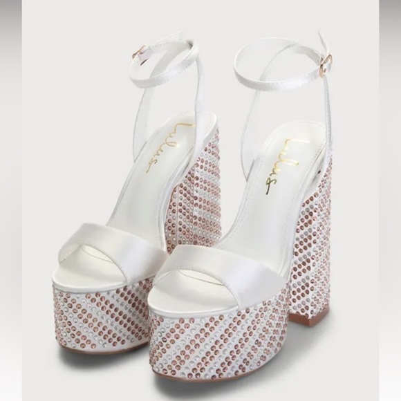 02 ivory satin ,white satin Rhinestone block junky heels sandal satin b… - Picture 4 of 6